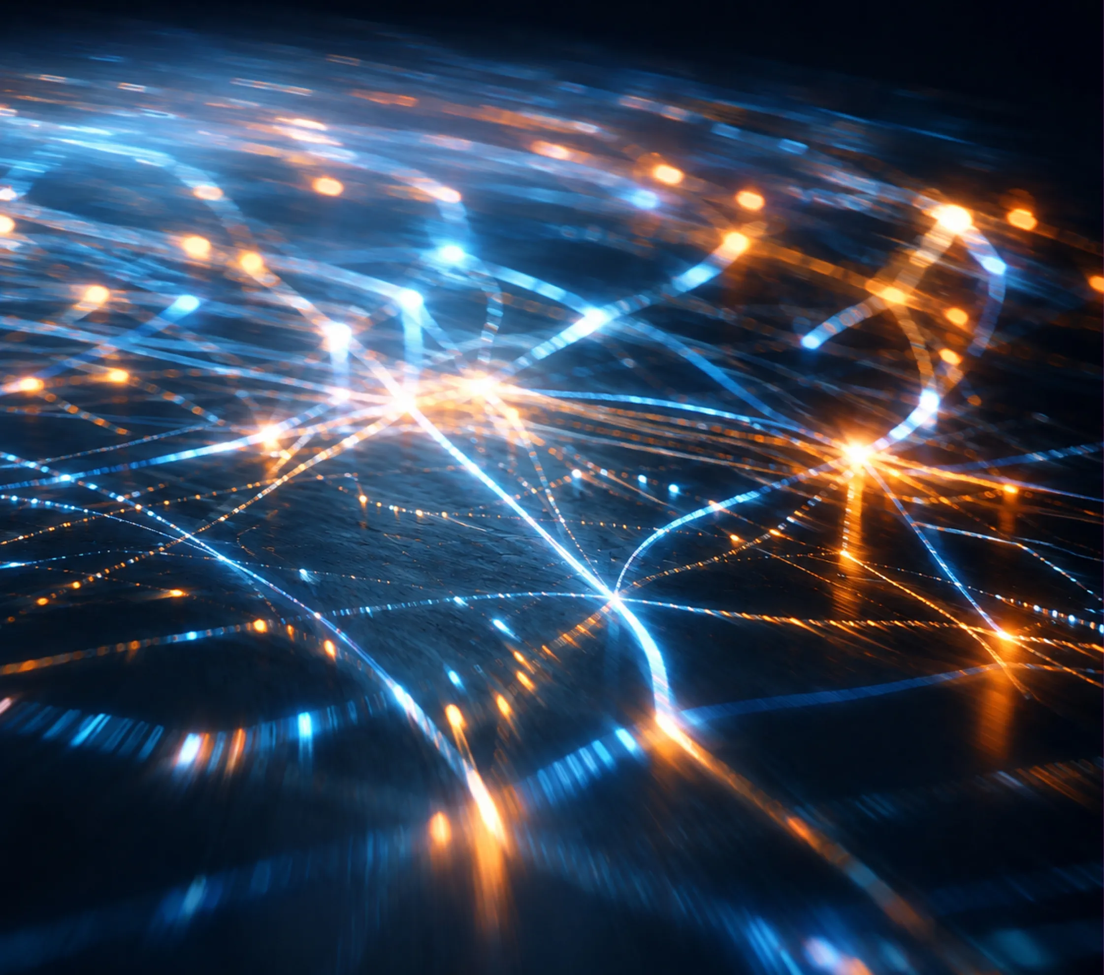 Abstract network of blue and orange light trails