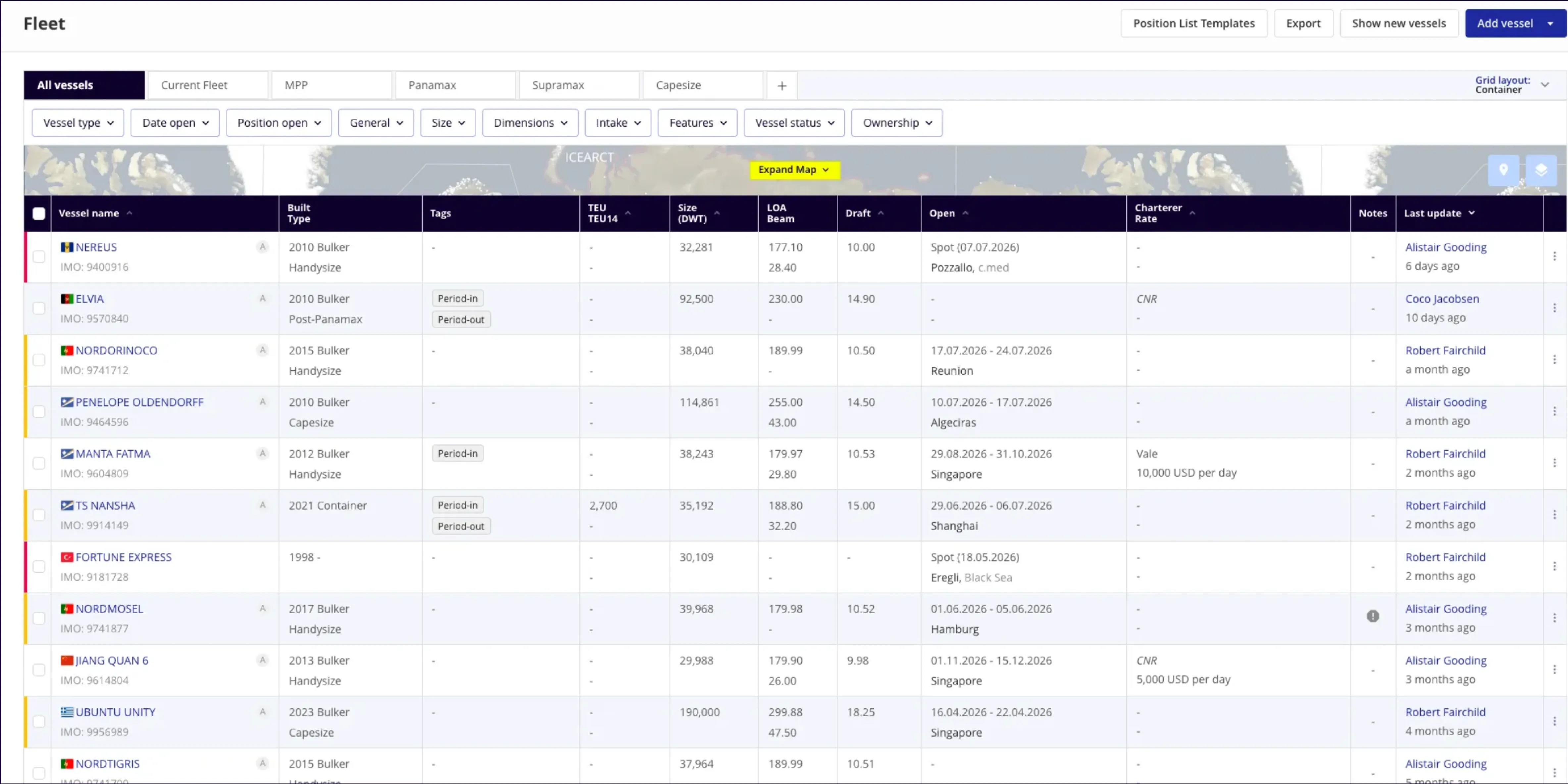 seabo Fleet showing tracked vessels with open dates and AIS positions
